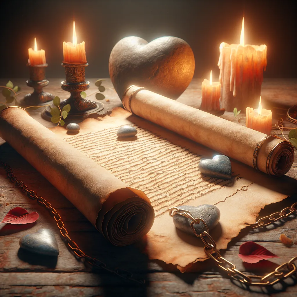 Um antigo pergaminho aberto repousa sobre uma mesa de madeira desgastada, iluminado por uma suave luz de vela. Ao redor do pergaminho, há objetos simbólicos: uma pedra em forma de coração, uma corrente quebrada e uma flor murcha, representando amor, julgamento e a passagem do tempo. A atmosfera é contemplativa e misteriosa.