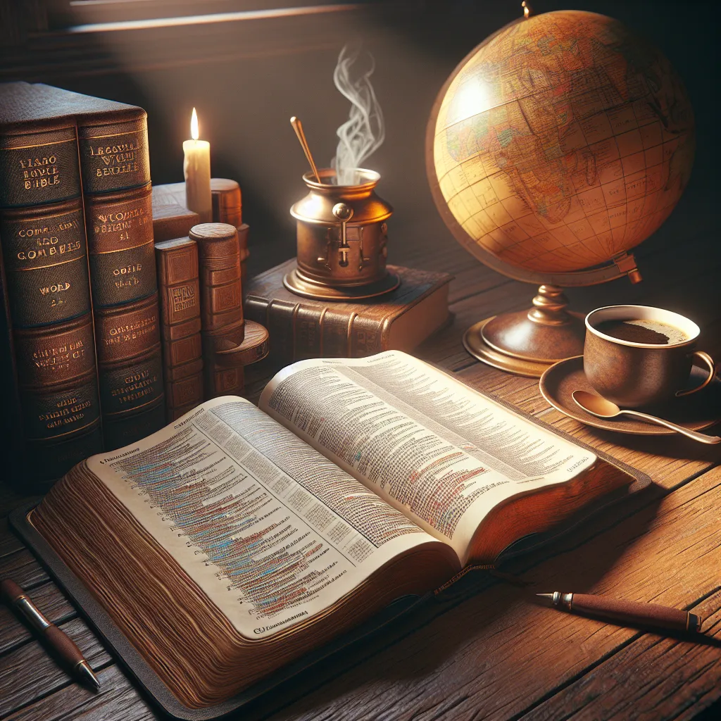 Uma Bíblia aberta repousando sobre uma mesa de madeira, com páginas anotadas apresentando versículos destacados sobre predestinação. Uma luz suave filtra por uma janela próxima, iluminando um globo antigo e uma xícara fumegante de café, criando uma atmosfera contemplativa para reflexão teológica.