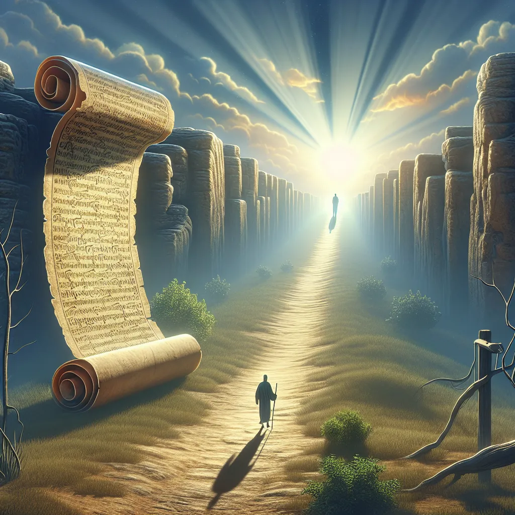 Caminho da transformação e fé emergente Uma imagem de uma estrada antiga e serena serpenteando por uma paisagem iluminada pelo sol, simbolizando a jornada de transformação. Em primeiro plano, um pergaminho desgastado com as icônicas letras de Paulo, enquanto uma silhueta distante representa a fé emergindo da escuridão, ilustrando o momento crucial da conversão.