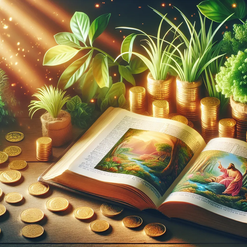 Livro ilustrado da Parábola dos Talentos rodeado por moedas de ouro e plantas verdes Um livro aberto repousa sobre uma mesa de madeira, suas páginas viradas para uma ilustração vibrante da Parábola dos Talentos. Ao redor do livro, há moedas de ouro brilhantes e plantas verdes exuberantes, simbolizando crescimento e prosperidade. A luz suave filtra-se pela janela próxima, criando uma atmosfera convidativa de descoberta.
