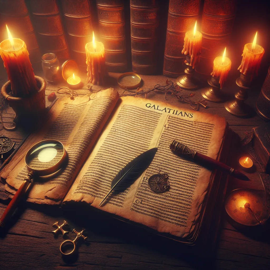Um antigo manuscrito aberto de Gálatas em uma mesa rústica de madeira, cercado por uma luz de vela quente. Ao lado, uma lupa e uma pena sugerem um estudo profundo e interpretação. O suave brilho enfatiza o texto, convidando os leitores a explorar suas mensagens profundas.
