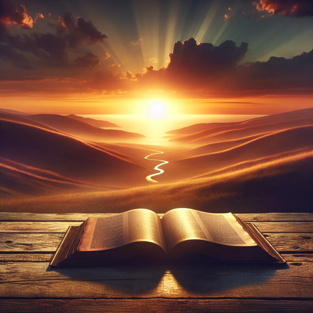 Reflexão ao pôr do sol com a Bíblia aberta Uma paisagem serena ao pôr do sol, com a silhueta de uma Bíblia aberta descansando sobre uma mesa de madeira desgastada. Ao fundo, colinas suaves e um caminho sinuoso sugerem uma jornada de fé, enquanto suaves raios de luz iluminam as páginas, convidando à contemplação das inspiradoras parábolas de Jesus.