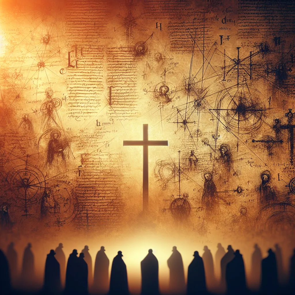 Um antigo pergaminho que detalha debates teológicos é iluminado por uma luz suave e quente. Ao fundo, figuras sombrias simbolizam o conflito histórico entre heresia e ortodoxia, enquanto uma cruz proeminente se ergue como um farol de fé, representando o discurso contínuo em torno da Trindade ao longo dos tempos.