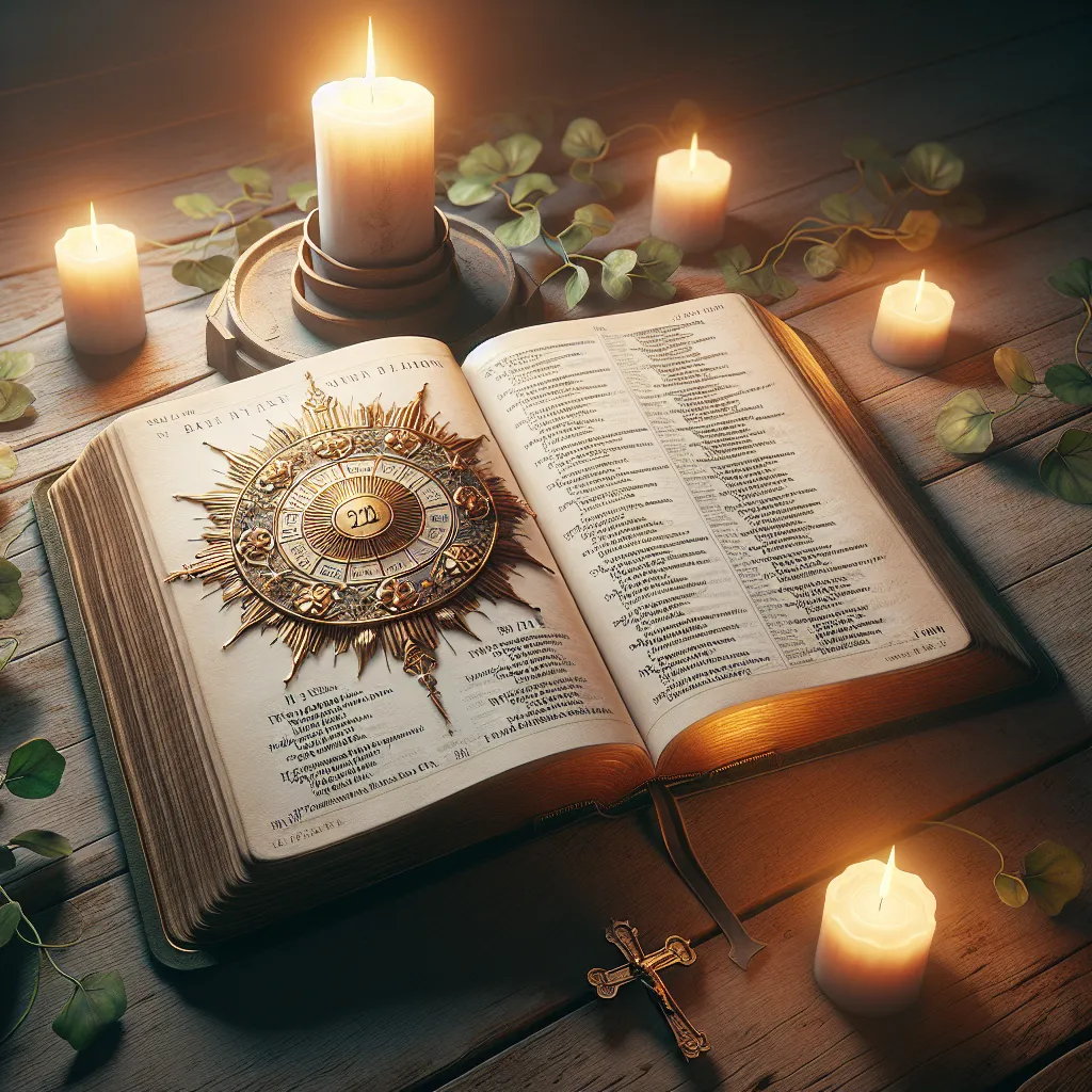 Uma Bíblia aberta repousa sobre uma mesa de madeira rústica, com uma suave luz de vela iluminando as páginas. O texto do Salmo 23 é claramente visível, cercado por elementos calmantes como folhagens e uma pequena cruz de pedra, evocando uma sensação de paz e contemplação.