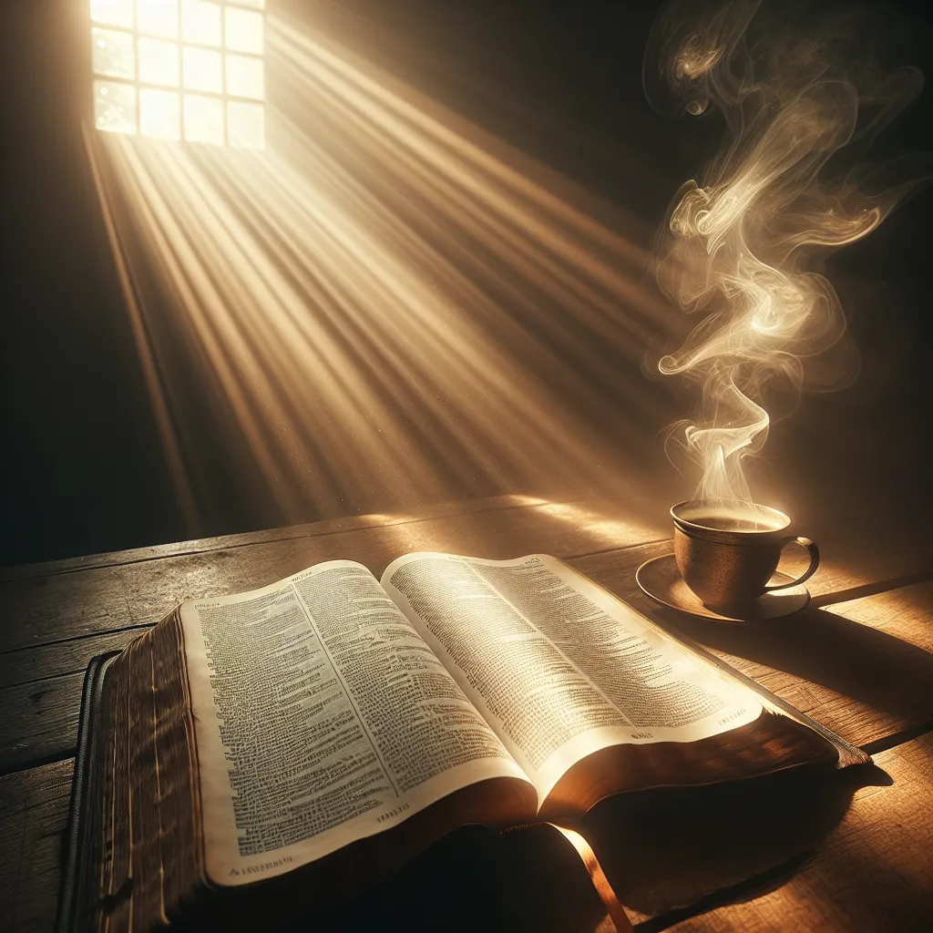 Momento de reflexão espiritual com Bíblia e café Uma Bíblia aberta repousa sobre uma mesa de madeira, suas páginas tremulando levemente em uma brisa suave. A luz do sol entra por uma janela próxima, iluminando versículos destacáveis de Efésios. Uma xícara fumegante de café repousa ao lado da Bíblia, convidando à contemplação e à reflexão profunda sobre o crescimento pessoal e a transformação espiritual.