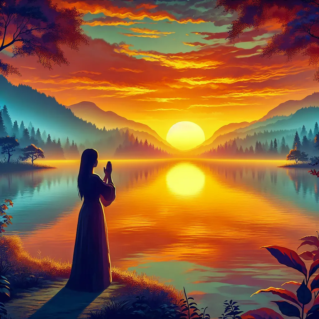 Contemplação ao entardecer no lago. Um pôr do sol sereno lança um brilho caloroso sobre um lago pacífico, onde uma figura solitária está na beira da água, com as mãos levantadas em súplica. A natureza ao redor reflete tranquilidade, simbolizando contemplação e o profundo impacto da fé durante momentos de reflexão e milagres divinos.