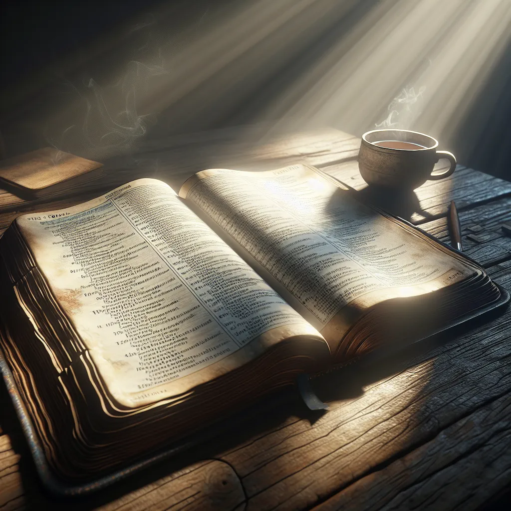 Uma Bíblia aberta repousa sobre uma mesa de madeira rústica, com a luz do sol entrando pela janela próxima. Sombras suaves brincam nas páginas, onde são visíveis versos de Salmos destacados, simbolizando reflexão e a descoberta de mensagens ocultas. Uma xícara de chá está ao lado, convidando à contemplação.
