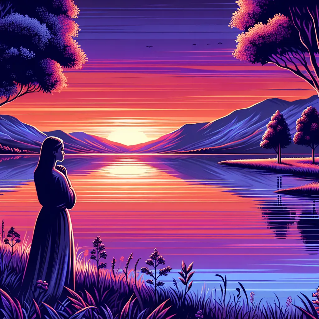 Uma paisagem serena ao pôr do sol, com um lago tranquilo refletindo vibrantes tons de laranja e roxo. No primeiro plano, uma mulher está na praia, com uma expressão contemplativa, enquanto uma brisa suave agita as árvores próximas, simbolizando a jornada do perdão e da paz interior.