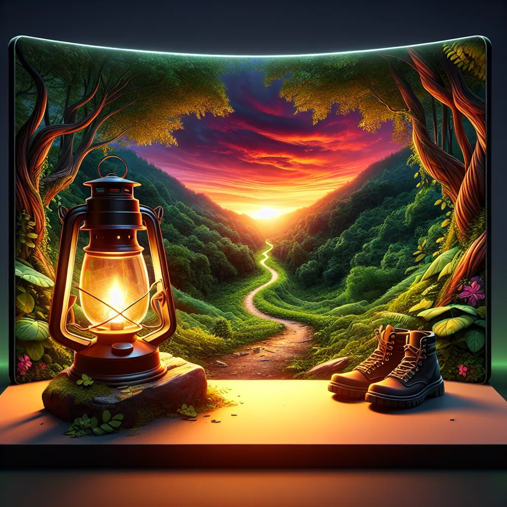 Pôr do sol em floresta com lanterna e botas de trilha Um pôr do sol vibrante ilumina um caminho sinuoso por uma floresta exuberante. Ao longo do caminho, uma única lanterna emite um brilho acolhedor, simbolizando esperança e orientação. Um par de botas de trilha robustas repousa ao lado, prontas para a jornada à frente, convidando o espectador a abraçar a coragem e a fé.