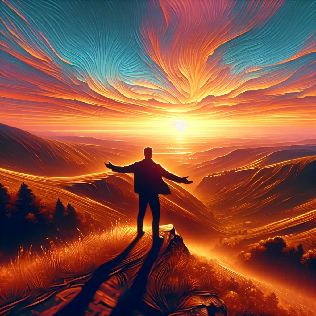 Paisagem serena ao pôr do sol simbolizando esperança e coragem Uma imagem de um pôr do sol sobre uma paisagem tranquila, onde uma figura solitária está em uma colina, com os braços abertos em direção ao céu. As cores quentes e vibrantes simbolizam esperança e coragem, enquanto a vista expansiva representa as possibilidades infinitas que vêm com fé e determinação.