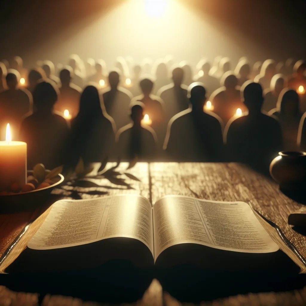 Uma imagem de uma bíblia aberta repousando sobre uma mesa de madeira rústica, cercada por uma luz suave de velas. Ao fundo, silhuetas de diversas pessoas estão reunidas em oração, seus rostos iluminados pelo brilho quente, transmitindo um sentimento de esperança e conexão através da fé compartilhada.