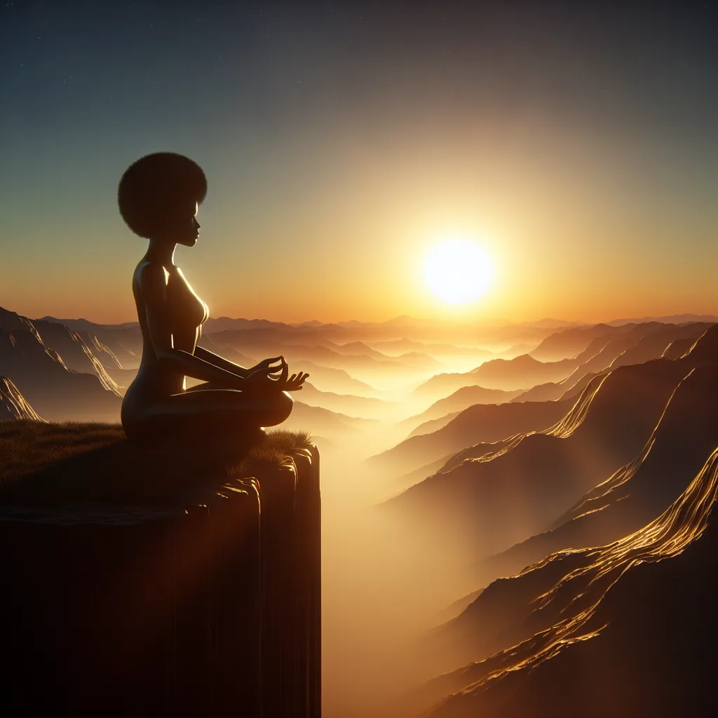 Meditação ao amanhecer em um penhasco tranquilo Uma imagem de um sereno amanhecer sobre uma paisagem tranquila, com uma pessoa sentada de pernas cruzadas em um penhasco, meditando com uma expressão de profunda contemplação. Raios suaves de luz iluminam sua silhueta, simbolizando a poderosa força interior e a paz que vêm da devoção e da autorreflexão.