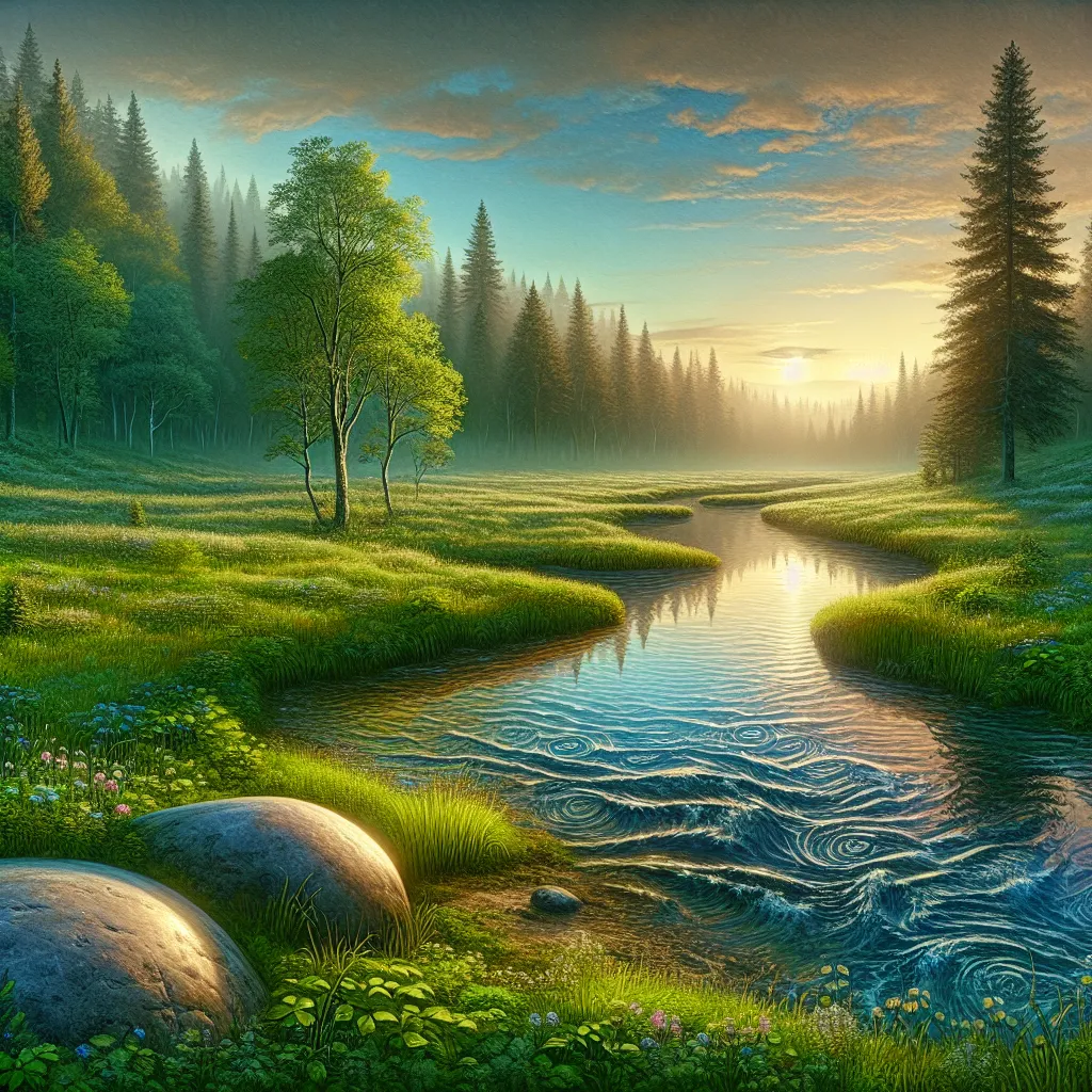 Uma paisagem serena ao amanhecer, com um riacho suave fluindo através de prados verdejantes. A luz do sol suave filtra-se através de altas árvores, lançando sombras salpicadas no chão. Uma pedra lisa repousa à beira da água, convidando à contemplação e à tranquilidade, simbolizando a paz que a oração pode trazer ao coração.