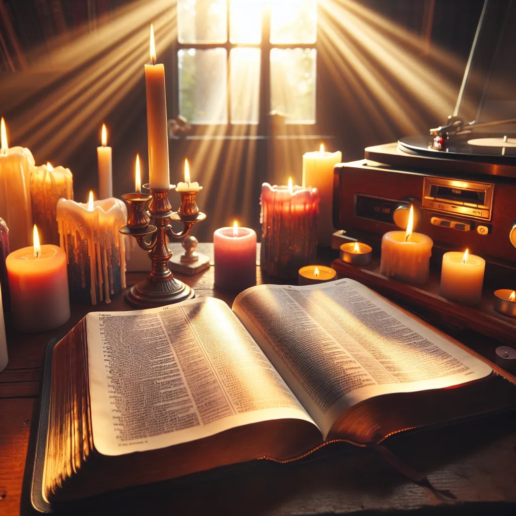 Uma Bíblia aberta repousa sobre uma mesa de madeira, rodeada por velas que brilham suavemente. Ao fundo, a luz do sol suave entra pela janela, iluminando as páginas preenchidas com versículos destacados. Um toca-discos vintage gira um vinil, criando uma atmosfera calorosa que evoca reflexão e inspiração.