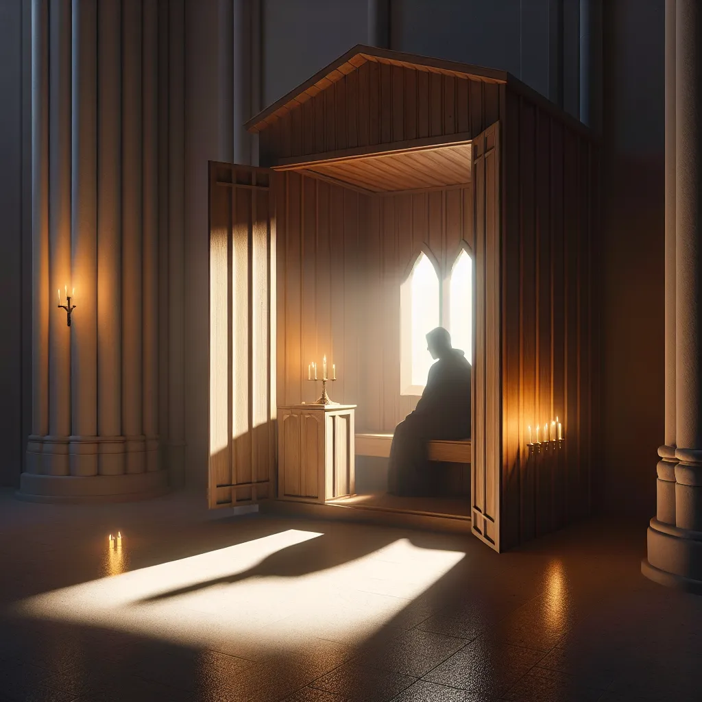 Uma cabine de confissão serena, suavemente iluminada, em uma igreja tranquila, com painéis de madeira e um leve brilho da luz das velas. Uma pessoa se senta de um lado, sombras projetando um clima contemplativo, enquanto o outro lado permanece invisível, simbolizando a introspecção e a busca pela redenção.