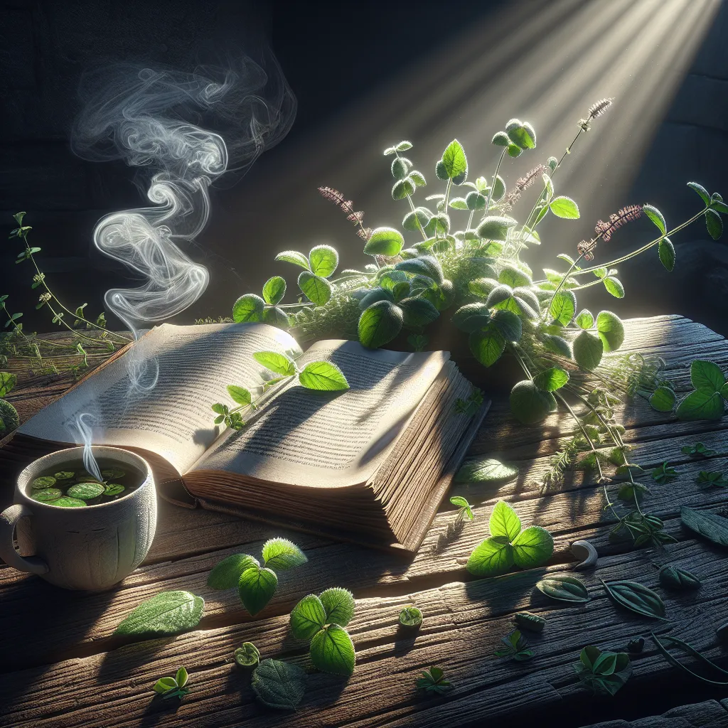 Um livro aberto descansando sobre uma mesa de madeira, suas páginas iluminadas pela suave luz do sol filtrando através de uma janela próxima. Ao redor, há delicadas sugestões da natureza, como ramos de ervas frescas e uma xícara de chá fumegante, convidando à reflexão tranquila e à contemplação.